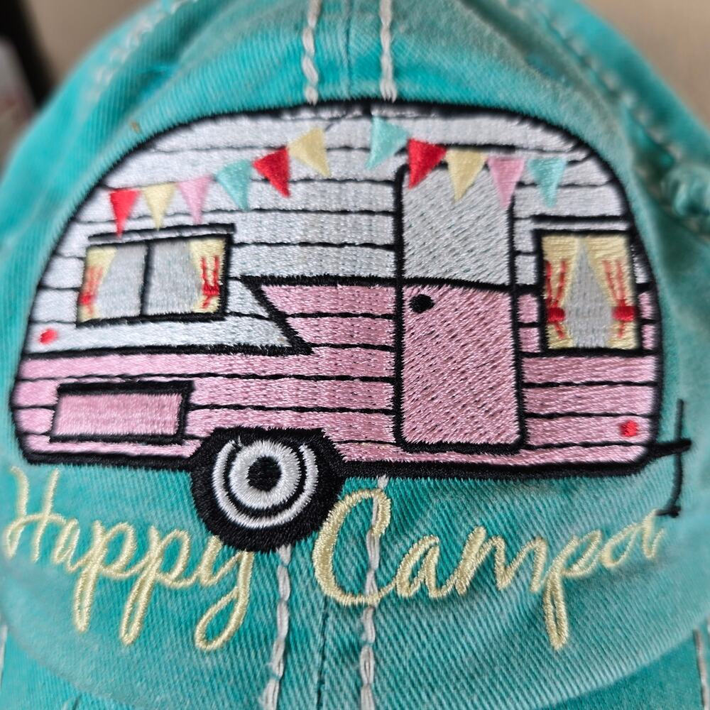 Happy Camper Slideback Hat Greenish-Blue One Size Adjustable Distressed Dog Pin - Picture 2 of 10